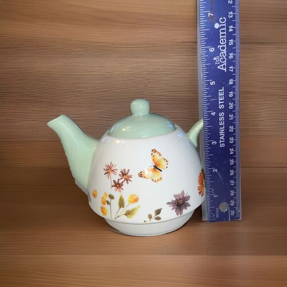 Floral Miniture Teapot Hand Painted Cream And Light Green Butterly Flowers 4.5" - Picture 7 of 9